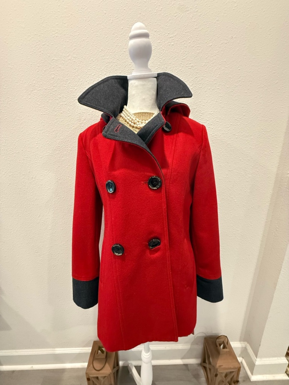 Nautica Red Wool Double-Breasted Pea Coat with Charcoal Trim